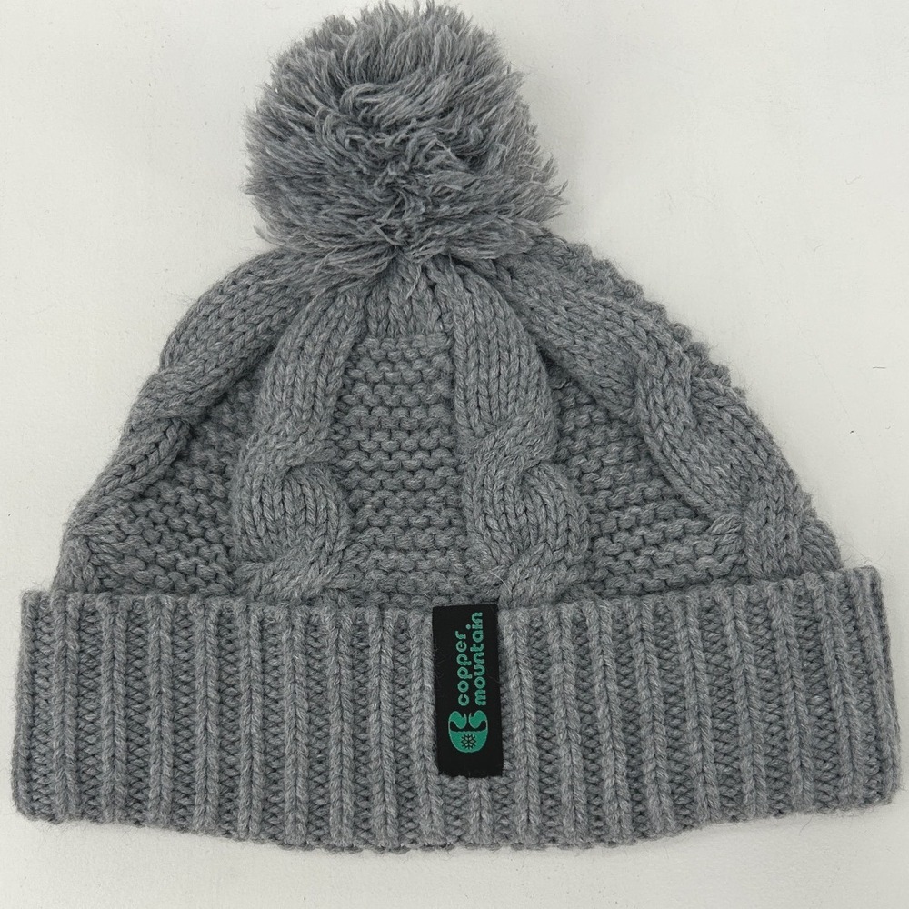 Copper Mountain Gray Cable Knit Fleece Lined Pom Beanie Hat Womens Ski Resort